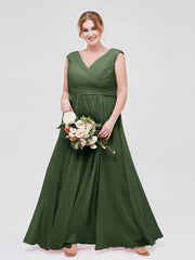 V Neck Chiffon Gown with Cap Sleeves Olive Green
