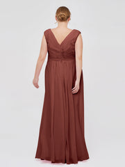 V Neck Chiffon Gown with Cap Sleeves Terracotta