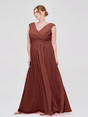 V Neck Chiffon Gown with Cap Sleeves Terracotta