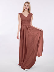 V Neck Chiffon Gown with Cap Sleeves Terracotta