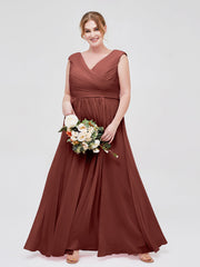 V Neck Chiffon Gown with Cap Sleeves Terracotta