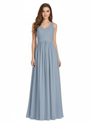 V Neck Maxi Chiffon Dresses with Ziper Back Dusty Blue