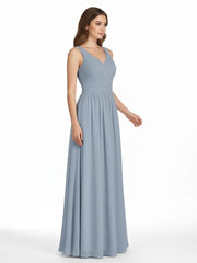 V Neck Maxi Chiffon Dresses with Ziper Back Dusty Blue