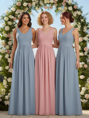 V Neck Maxi Chiffon Dresses with Ziper Back Dusty Blue