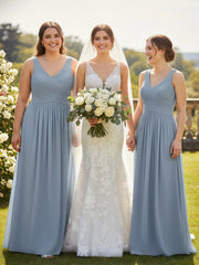 V Neck Maxi Chiffon Dresses with Ziper Back Dusty Blue