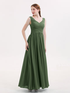 V Neck Maxi Chiffon Dresses with Ziper Back Olive Green Plus Size