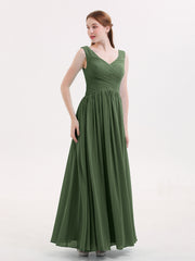 V Neck Maxi Chiffon Dresses with Ziper Back Olive Green Plus Size