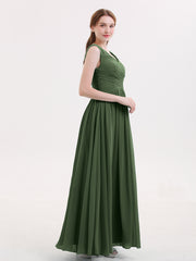 V Neck Maxi Chiffon Dresses with Ziper Back Olive Green Plus Size
