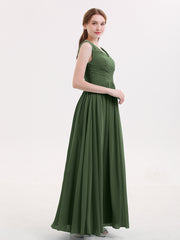 V Neck Maxi Chiffon Dresses with Ziper Back Olive Green