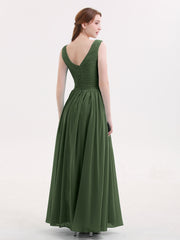 V Neck Maxi Chiffon Dresses with Ziper Back Olive Green Plus Size