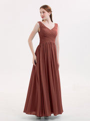 V Neck Maxi Chiffon Dresses with Ziper Back Terracotta