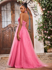A-Line Deep V-neck Appliqued Corset Tulle Lace Maxi Prom Dresses Azalea