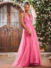 A-Line Deep V-neck Appliqued Corset Tulle Lace Maxi Prom Dresses Azalea