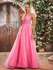 A-Line Deep V-neck Appliqued Corset Tulle Lace Maxi Prom Dresses Azalea