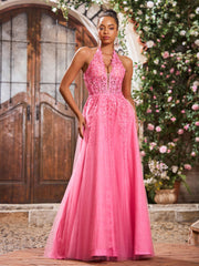 A-Line Deep V-neck Appliqued Corset Tulle Lace Maxi Prom Dresses Azalea