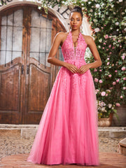 A-Line Deep V-neck Appliqued Corset Tulle Lace Maxi Prom Dresses Azalea