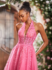 A-Line Deep V-neck Appliqued Corset Tulle Lace Maxi Prom Dresses Azalea