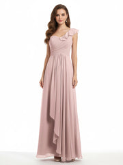 One ruffle Shoulder Long Bridesmaid Dress Dusty Rose