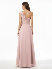 One ruffle Shoulder Long Bridesmaid Dress Dusty Rose