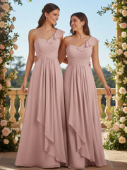 One ruffle Shoulder Long Bridesmaid Dress Dusty Rose