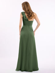 One ruffle Shoulder Long Bridesmaid Dress Olive Green Plus Size