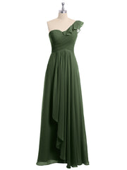 One ruffle Shoulder Long Bridesmaid Dress Olive Green
