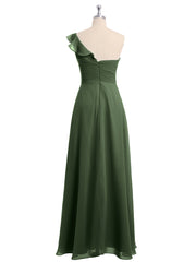 One ruffle Shoulder Long Bridesmaid Dress Olive Green