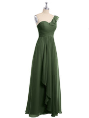 One ruffle Shoulder Long Bridesmaid Dress Olive Green