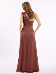 One ruffle Shoulder Long Bridesmaid Dress Terracotta