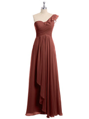 One ruffle Shoulder Long Bridesmaid Dress Terracotta