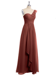 One ruffle Shoulder Long Bridesmaid Dress Terracotta