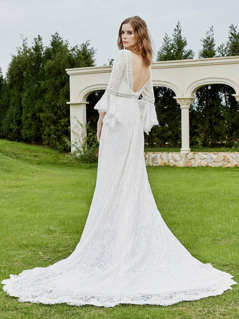 Illusion Neckline Lace Cap-Sleeve Dress Ivory main image 1