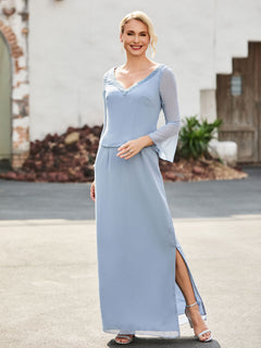 V-neck Beaded Floor-length Sheath Dress Dusty Blue