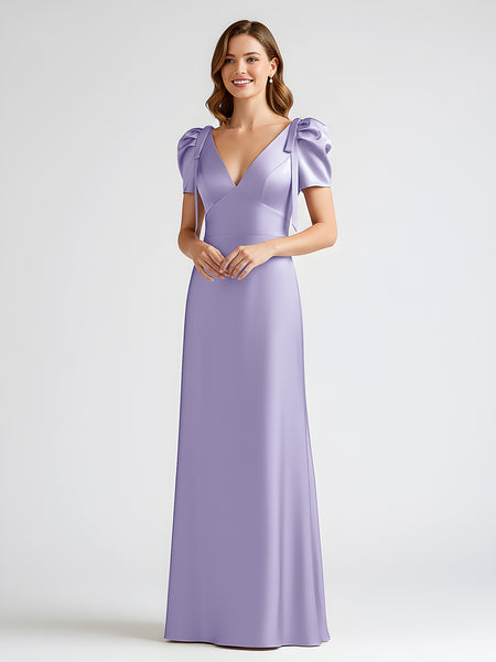 BABARONI Satin Lavender Bridesmaid Dresses V-neck Floor-length Short Bow Sheath/Column, Lavender / US0