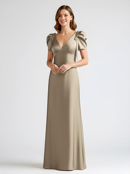BABARONI Bow-Detail Short Sleeve Satin Column Maxi Bridesmaid Dress Taupe, Taupe / US0