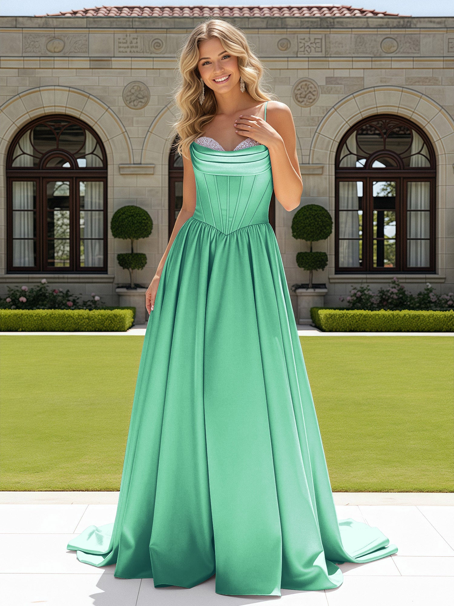 BABARONI Satin Turquoise Prom Dresses A-line Sweetheart Beaded Ruched ...