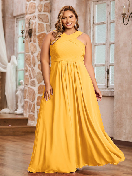 Tangerine Plus Size Chiffon Bridesmaid Dress A-Line Floor Length Cross Pleated