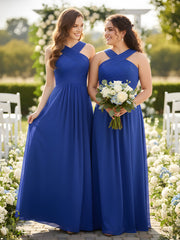 Cross Shoulder Strap Chiffon Dress with Empire Waist Royal Blue