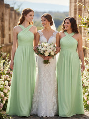 Cross Shoulder Strap Chiffon Dress with Empire Waist Sage