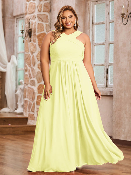Daffodil Plus Size Chiffon Bridesmaid Dress A-Line Floor Length Cross Pleated | BABARONI Daffodil Plus Size Chiffon Bridesmaid Dress A-Line Floor Length Cross Pleated | BABARONI