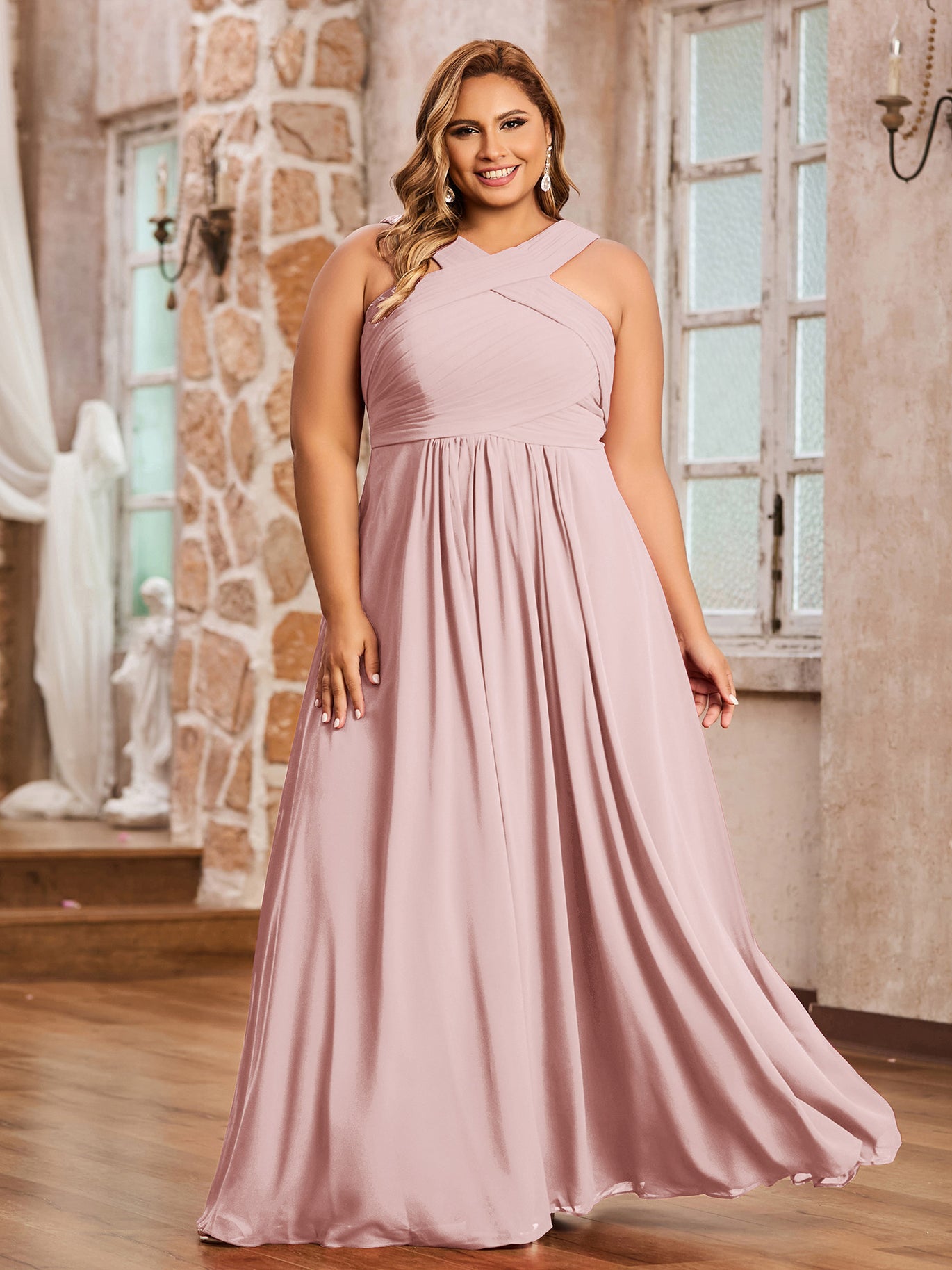 Dusty Rose Plus Size Chiffon Bridesmaid Dress A-Line Floor Length Cross Pleated | BABARONI Dusty Rose Plus Size Chiffon Bridesmaid Dress A-Line Floor Length Cross Pleated | BABARONI