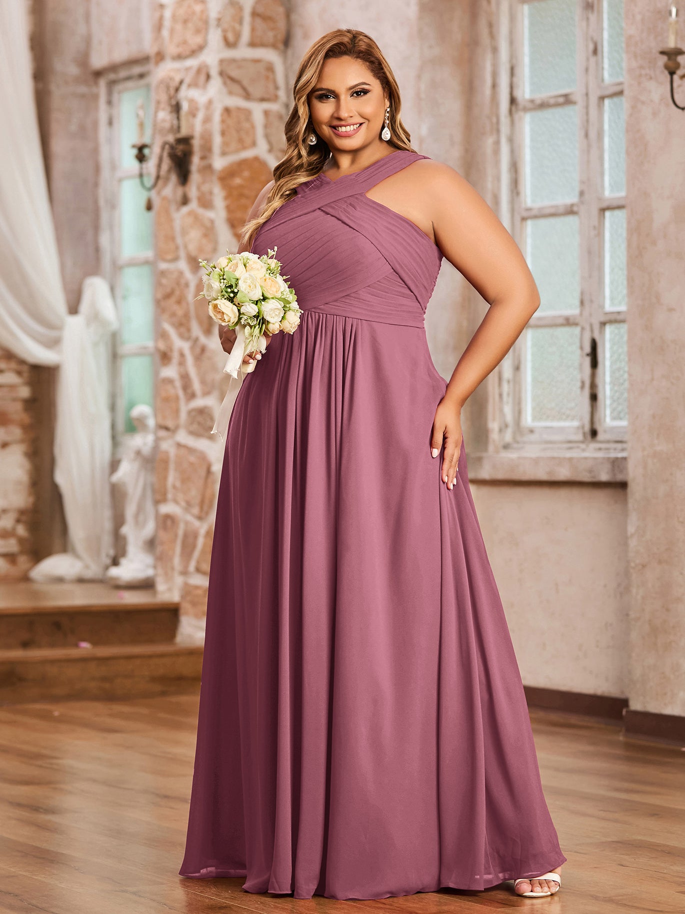 BABARONI Chiffon Mulberry Bridesmaid Dresses Grecian Floor-length  Sleeveless Ruched Empire