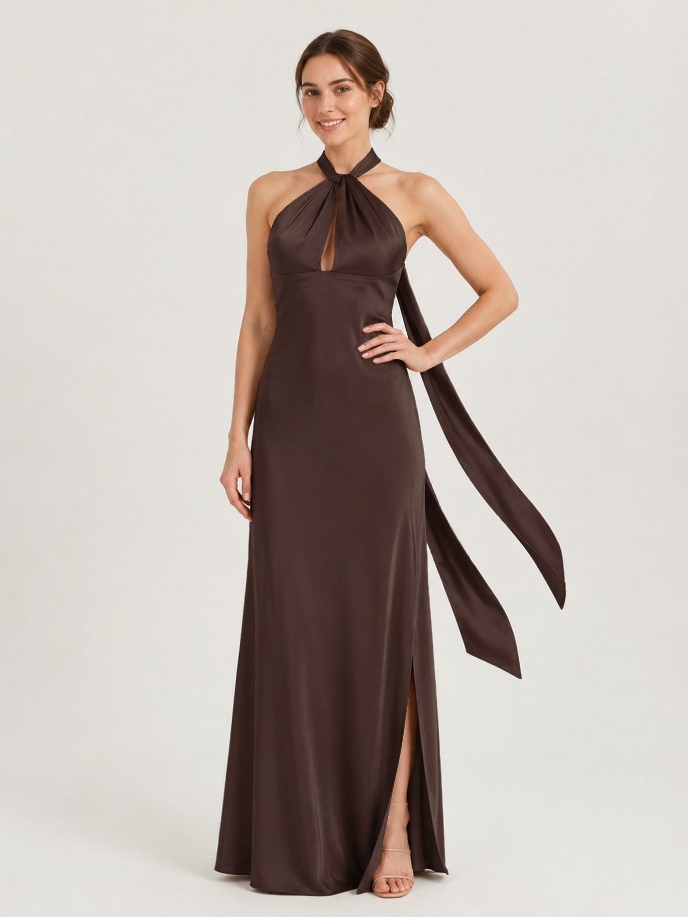 BABARONI BABARONI Chiffon Chocolate Bridesmaid Dresses One Shoulder Floor-length Flutter Sleeves Ruched with Slit Sheath, Chocolate / US0