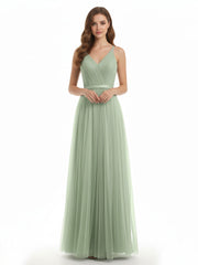 V Neck Tulle Long Dresses with Satin Sash Dusty Sage