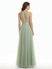 V Neck Tulle Long Dresses with Satin Sash Dusty Sage