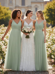 V Neck Tulle Long Dresses with Satin Sash Dusty Sage