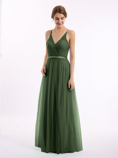 V Neck Tulle Long Dresses with Satin Sash Olive Green