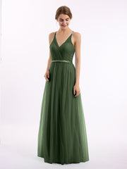 V Neck Tulle Long Dresses with Satin Sash Olive Green Plus Size