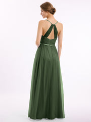 V Neck Tulle Long Dresses with Satin Sash Olive Green Plus Size