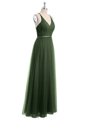 V Neck Tulle Long Dresses with Satin Sash Olive Green Plus Size